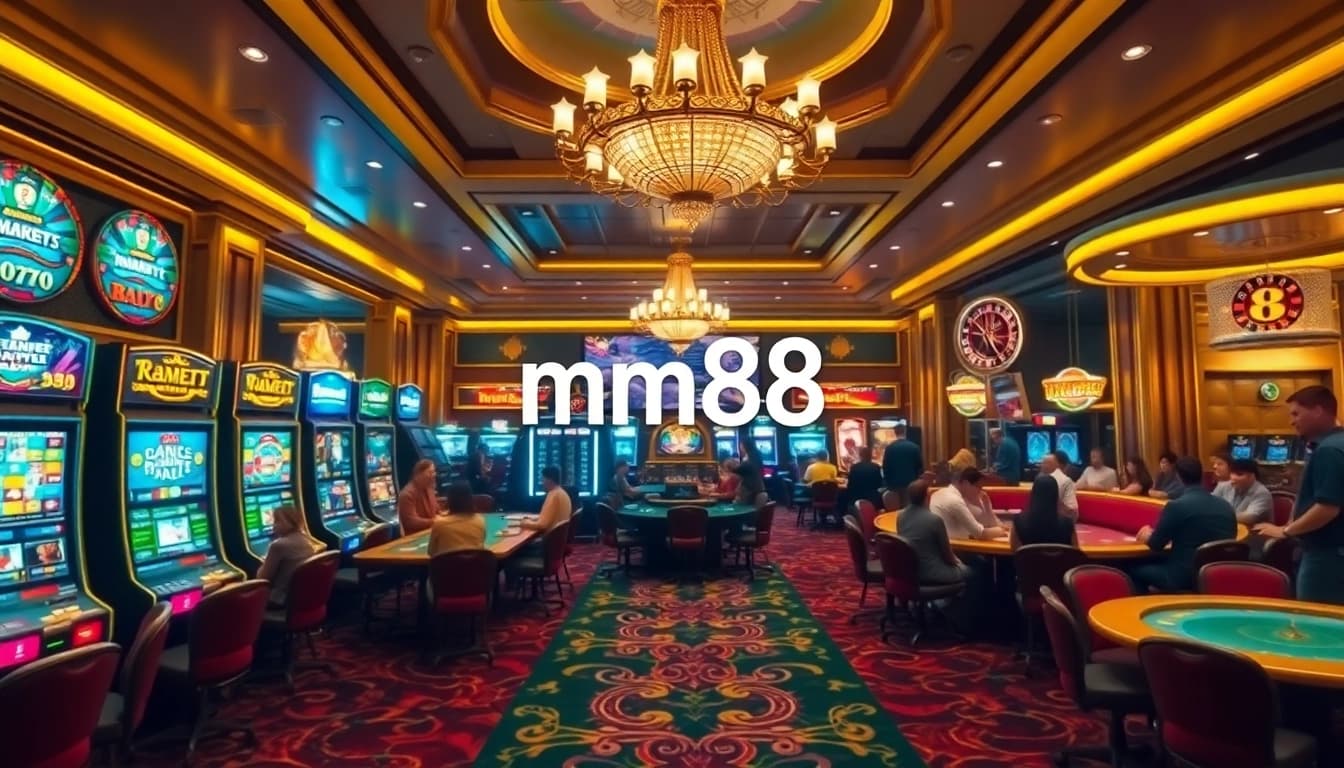 MM88 gamblers enjoying vibrant casino games at a luxurious venue.