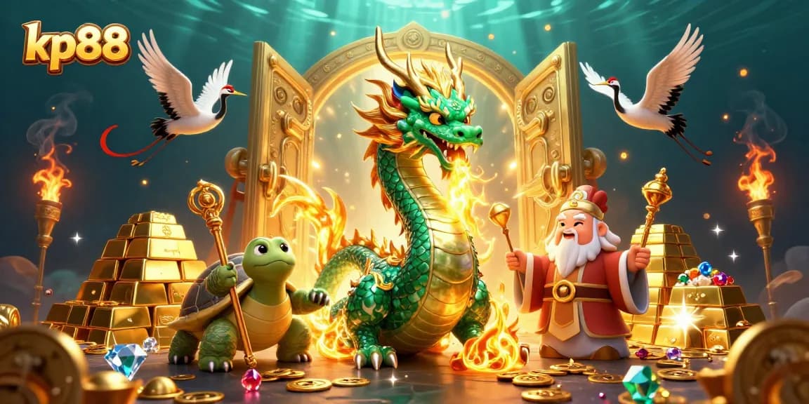 Experience the excitement of kp88 as a jade dragon unleashes golden fire, surrounded by rich treasures and energy.