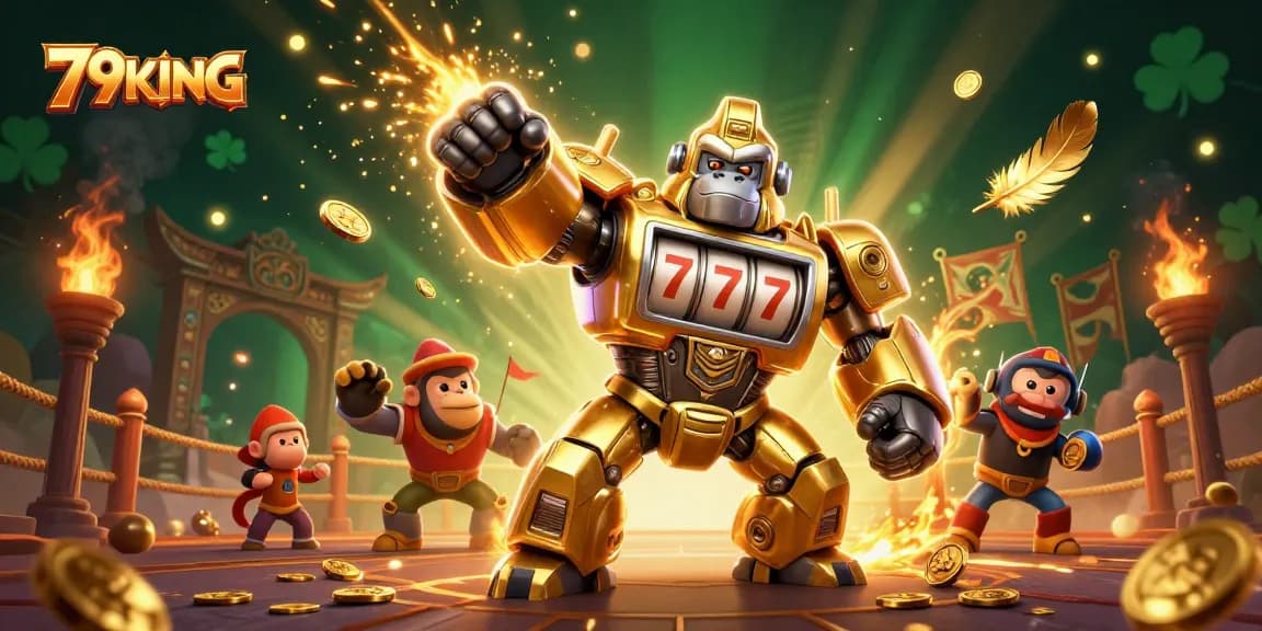 Experience thrilling wins at 79KING with a vibrant 3D casino scene featuring a golden gorilla mech.