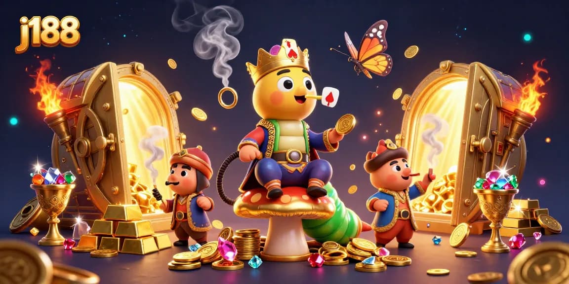 Experience the excitement of j188 with a vibrant 3D casino-themed illustration filled with poker symbols and treasure.