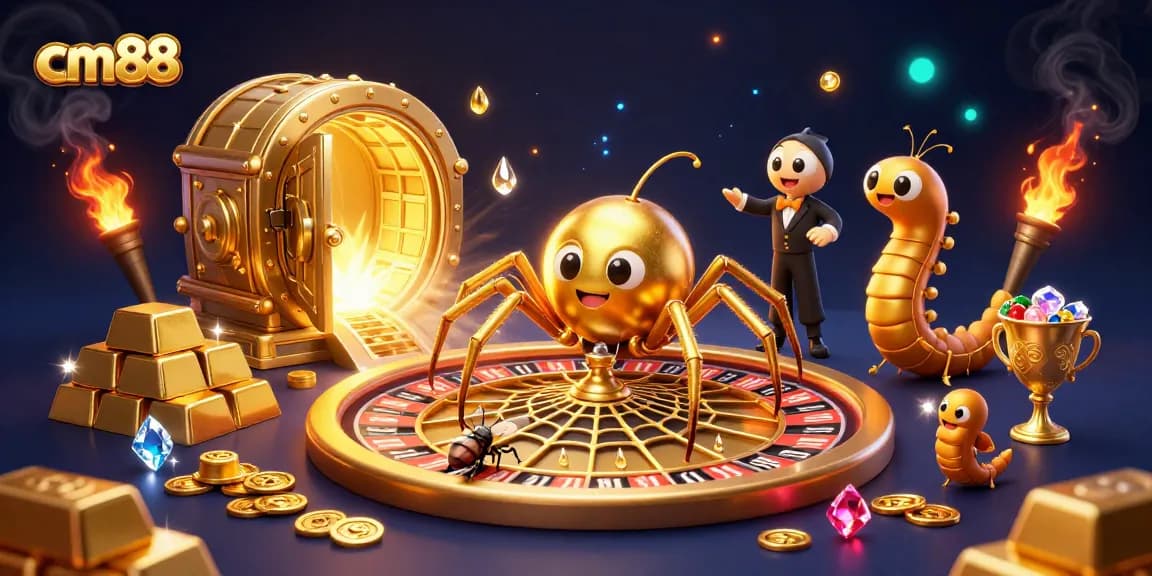 Experience thrilling bets at cm88's dynamic casino scene with a spider and a croupier.