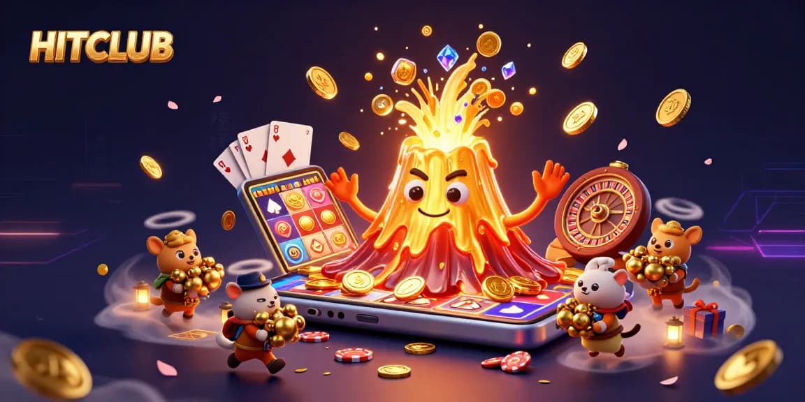 Experience the excitement of HITCLUB as golden coins erupt from a 3D volcano, amidst colorful gaming elements.