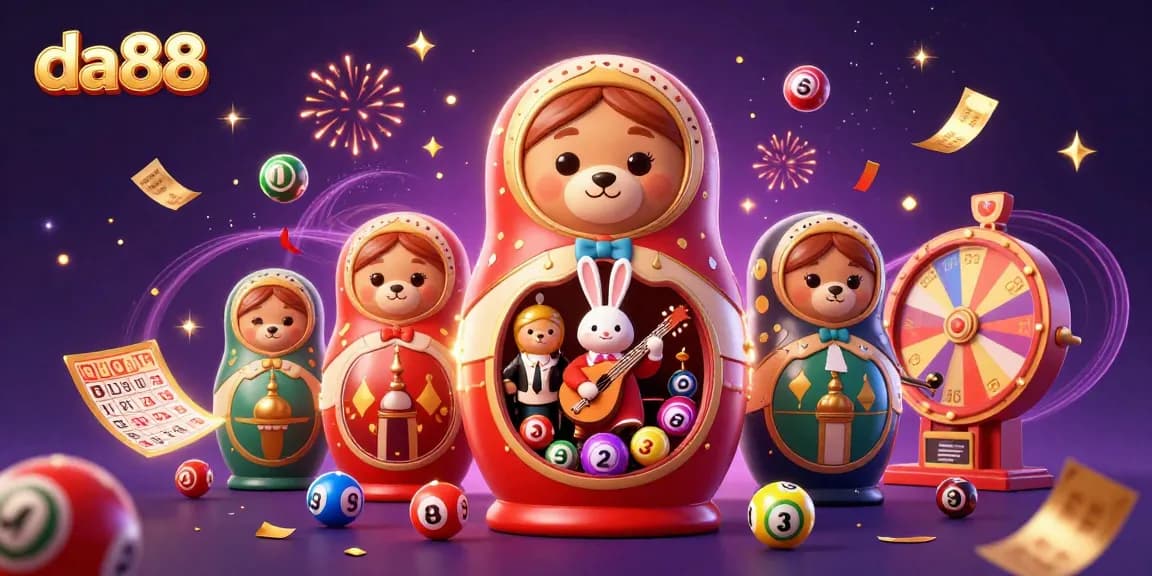 Engage with da88's vibrant online casino experience featuring lottery balls and festive illustrations.