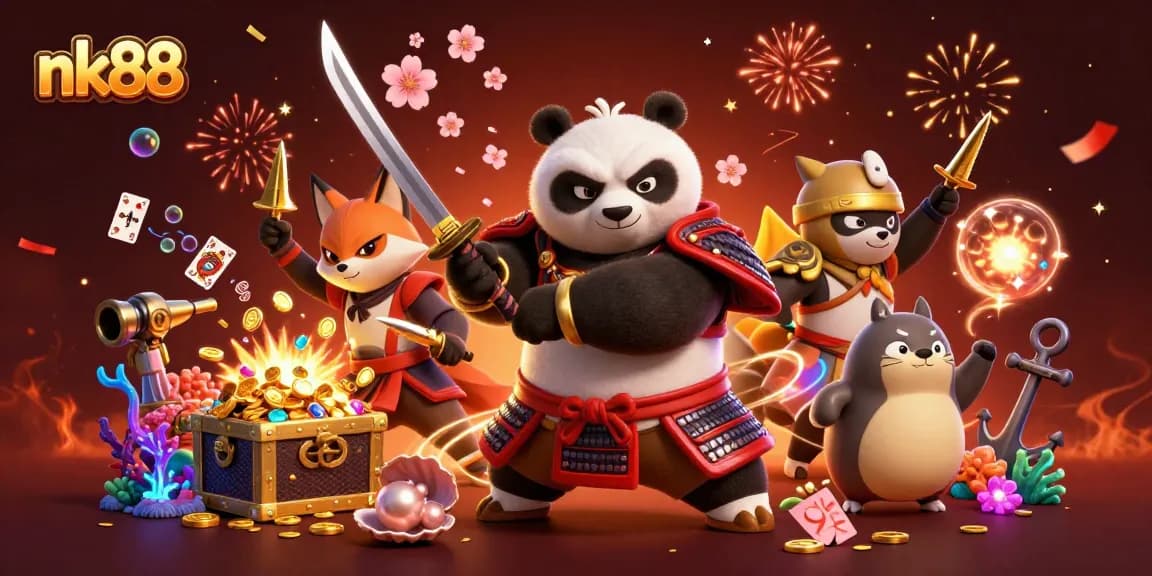 Experience gaming excitement with nk88 through a dynamic 3D illustration of playful characters amidst vibrant casino elements.