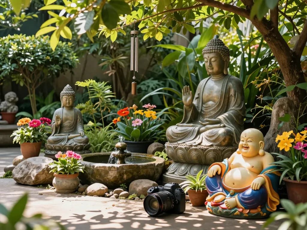 Schöner Garten mit verschiedenen Buddha-Figuren, darunter eine lachende Buddha-Figur, umgeben von üppigem Grün.