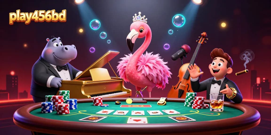 Experience vibrant gaming with play456bd's 3D casino scene featuring lively performers and poker elements.