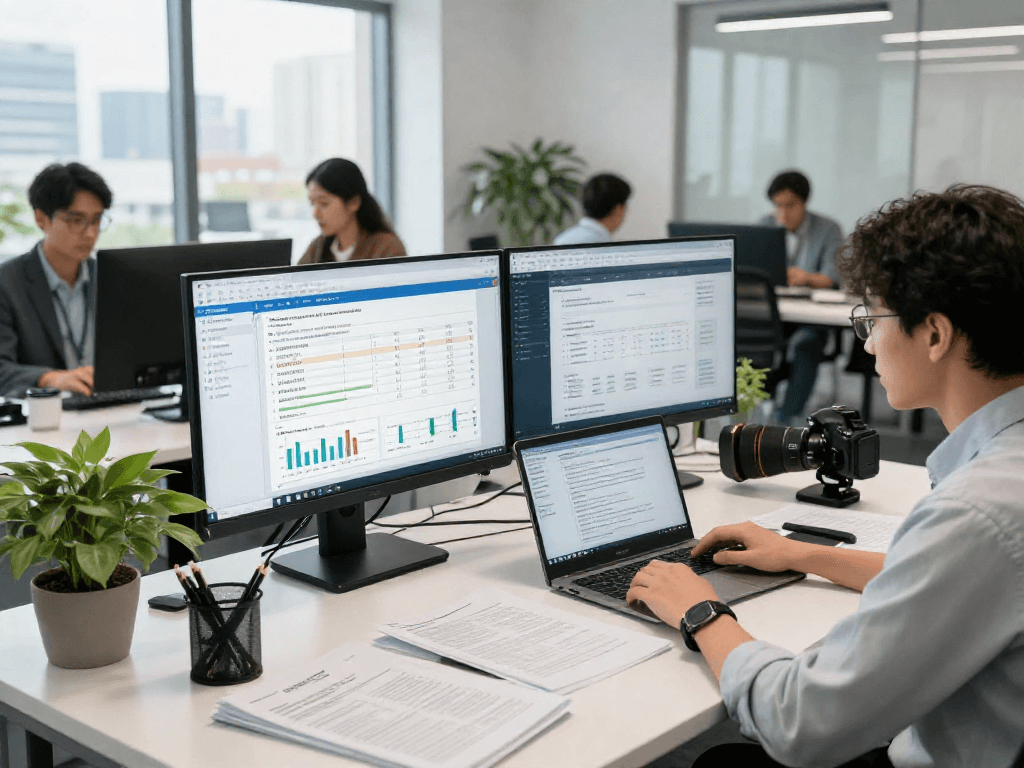 Analyst examining document fraud detection results in a modern office.
