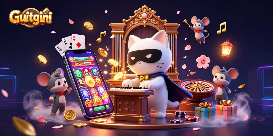 Play Guitgini with spinning reels and golden coins in this festive casino illustration.