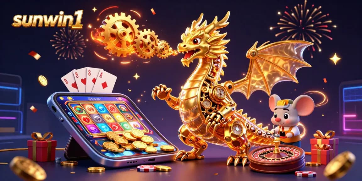Engage with sunwin1's lively gaming scene featuring a golden dragon amidst slot games and vibrant casino elements.