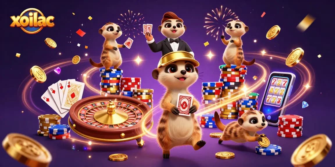 Experience the xoilac live betting action with meerkats hosting a vibrant casino scene.