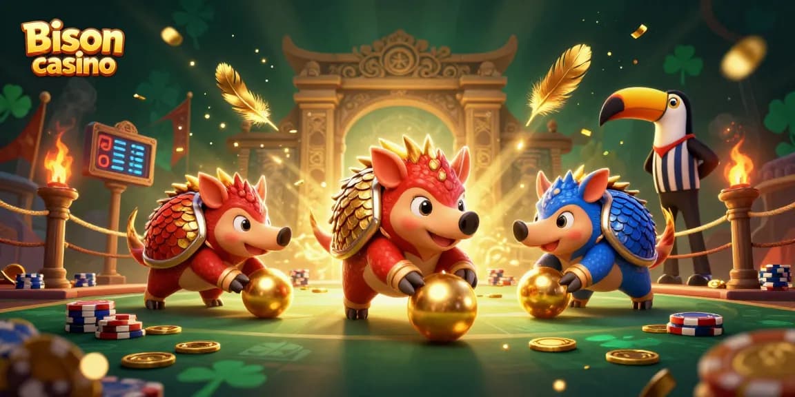 Bison Casino: Rivalisierende Pangolins in einer Casino-Atmosphäre mit Spielautomaten und Pokerchips.