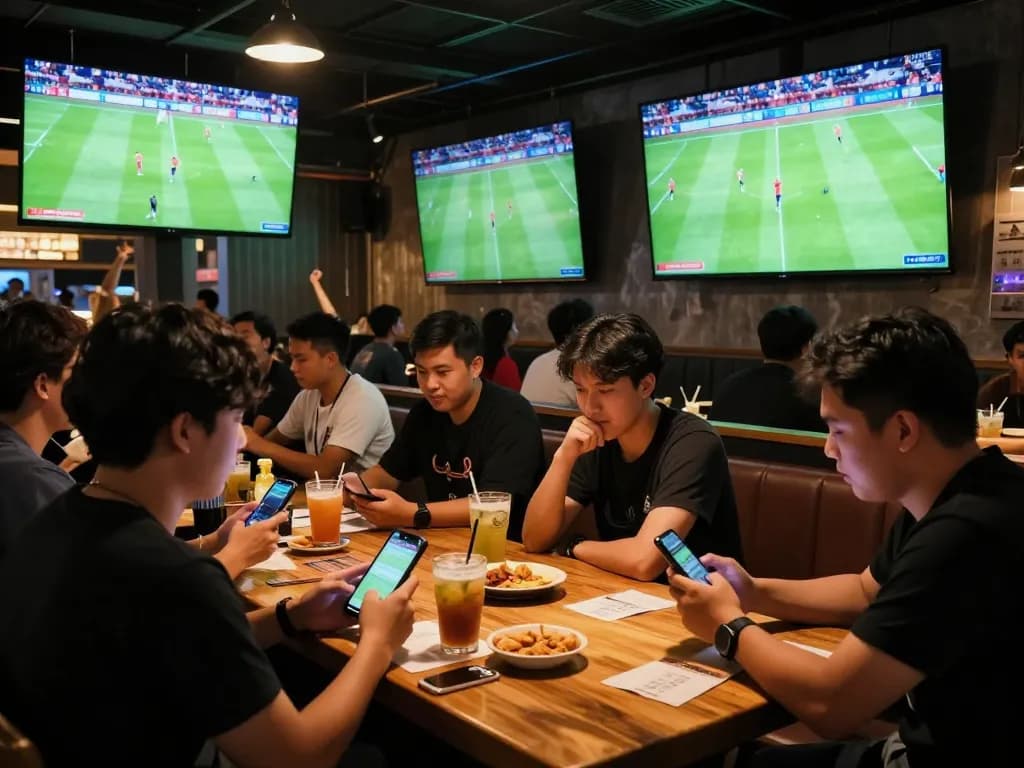 Engaging friends in a sports bar placing แทงบอล bets on smartphones during live football.
