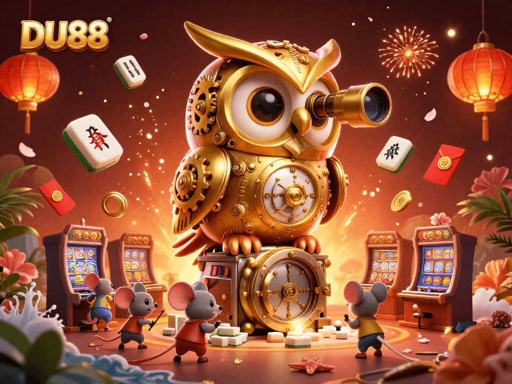 Experience DU88's thrilling casino world with a golden owl, while mini patrons enjoy dynamic gambling.