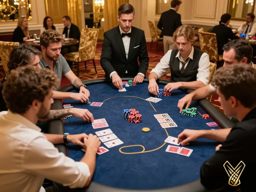 A thrilling poker game at MM88 com's upscale table, showcasing strategic players in a high-stakes atmosphere