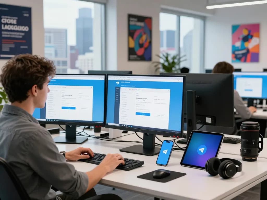 展示现代设备上Telegram官网界面的动态科技工作空间。