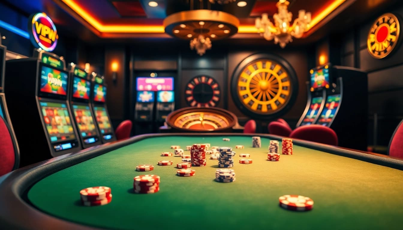 Experience the thrill of vipwin at a luxurious casino with poker tables and vibrant slot machines.