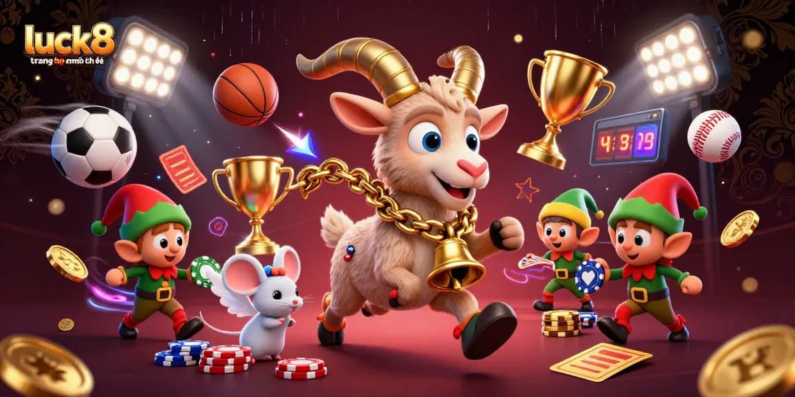 Watch the 3D cartoon Krampus goat at luck8 trang chủ chính thức supervised by an angel mouse amid chaotic elf gremlins stealing bets.