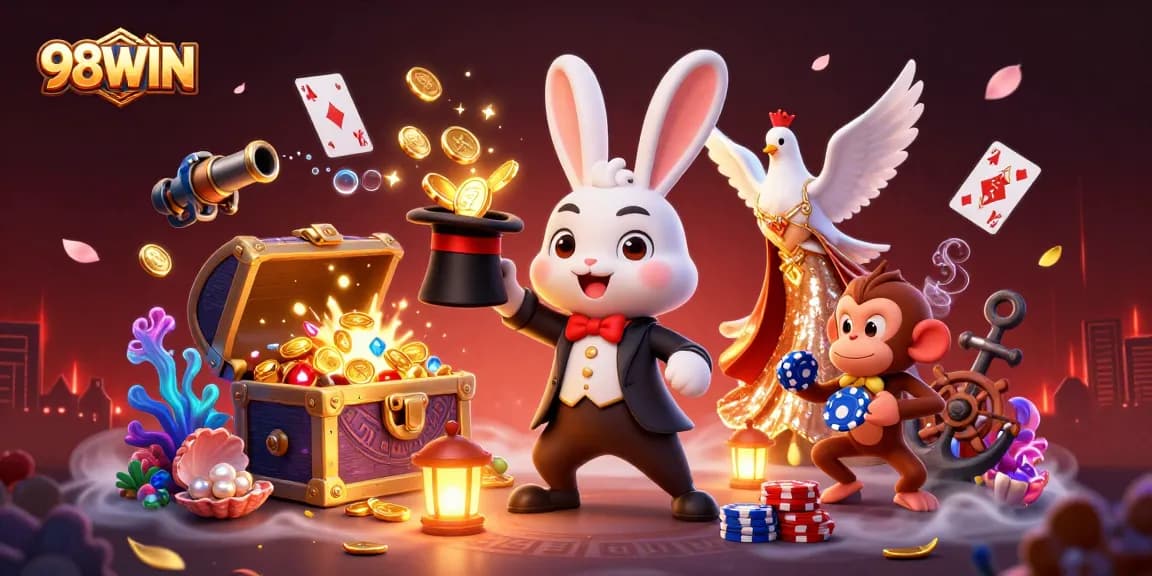 Engage with thrilling 98WIN casino adventures featuring a magician rabbit, playful monkey, and enchanting dove.