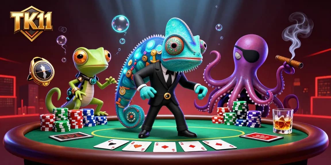 Engage in the thrilling atmosphere of TK11 Casino with colorful poker chips, cards, and animated characters.