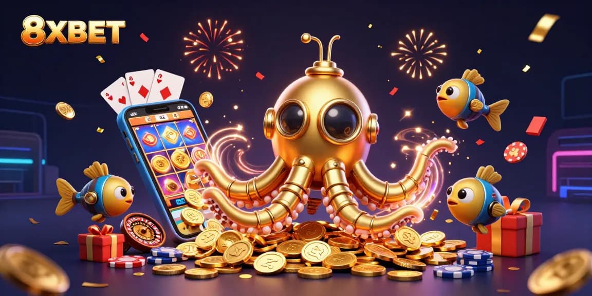 Experience thrilling gameplay at 8XBET with a vibrant illustration showcasing a golden kraken submarine amidst fortune.