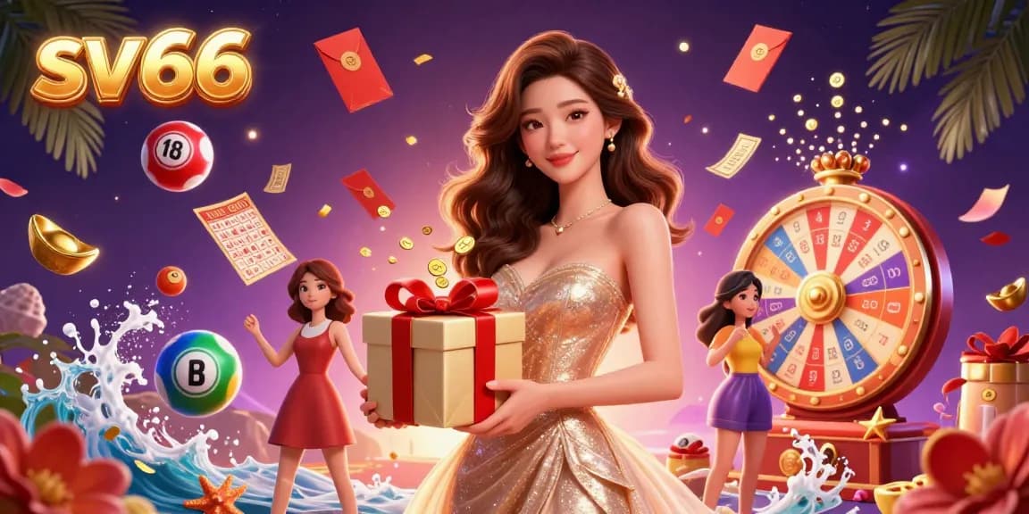 Win big with sv 66 in a festive gambling scene filled with coins, games, and celebration.