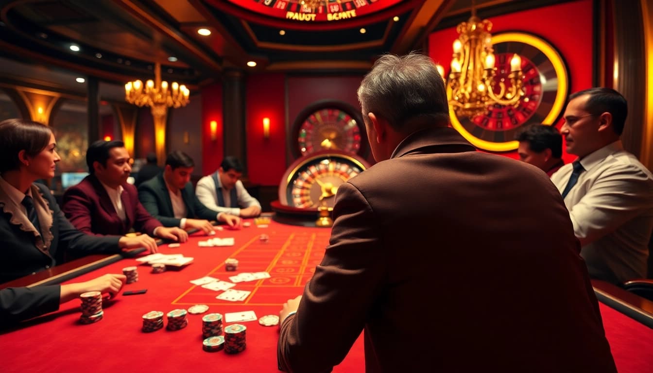 Players engaging in an exciting poker game at shbet, showcasing vibrant casino elements.