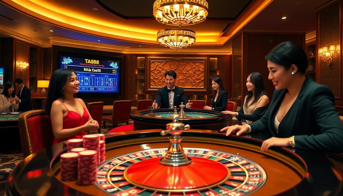 Exciting scene at Nhà cái Ta88 with players gambling at a roulette table, showcasing engaging gameplay.
