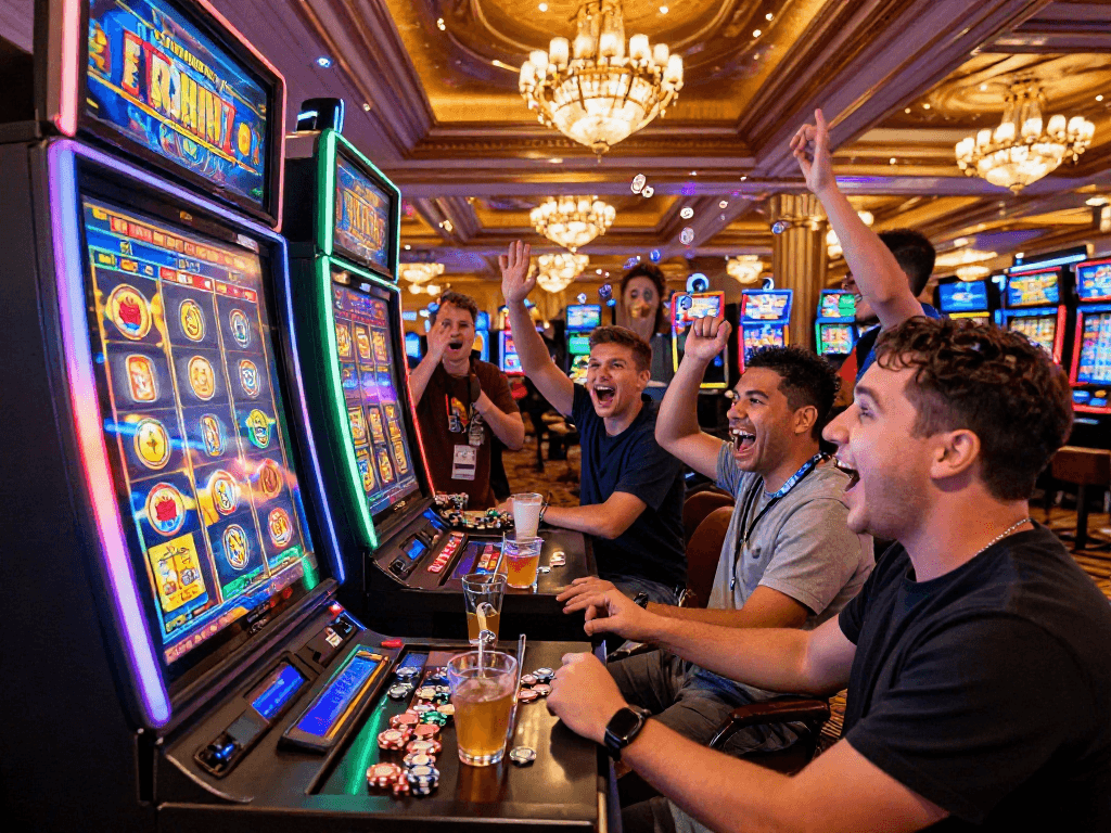 Excited players celebrating their slot jackpot win in a vibrant casino.