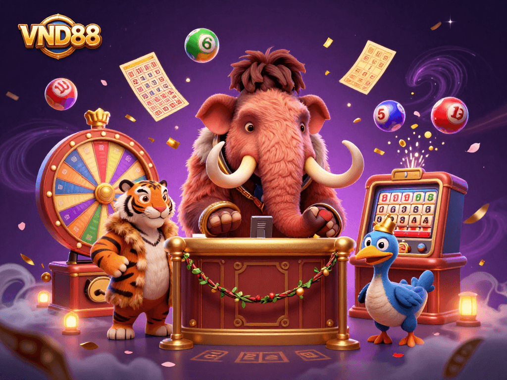 Experience the excitement of VND88 with a vibrant casino scene featuring a bouncer, VIP guest, and doorman.