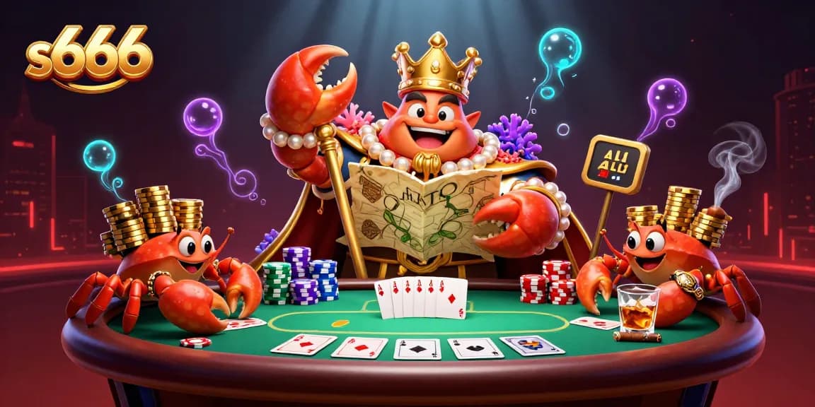 Experience the thrill of s666 with golden crab emperor and a poker scene featuring stacked chips and cards.