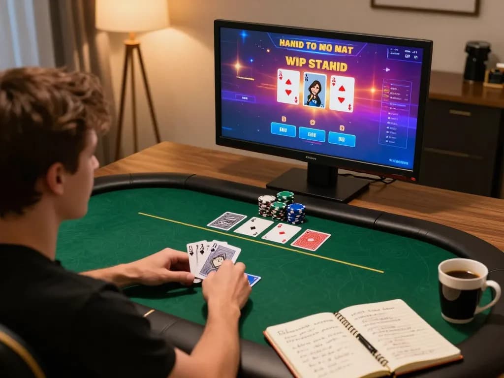 Player strategizing on thehiddenwiki poker game interface during an online session at home, showcasing gameplay intensity.