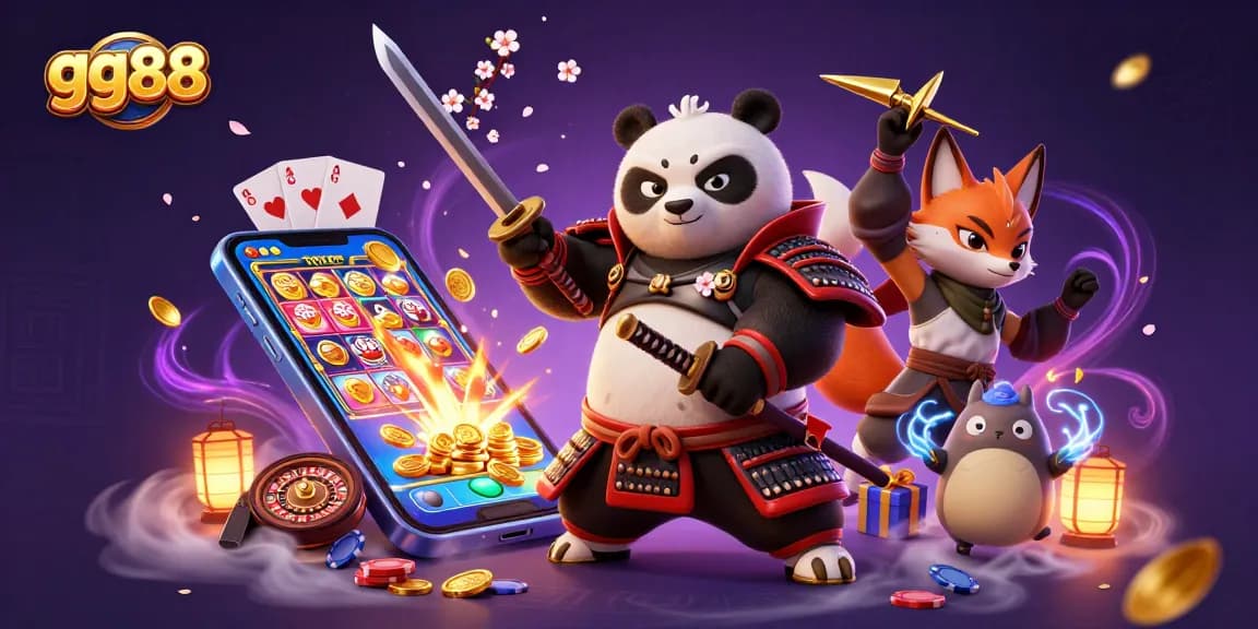 Engage with thrilling experiences at gg88, featuring a 3D samurai panda, ninja fox, and magical elements in a vibrant casino scene.