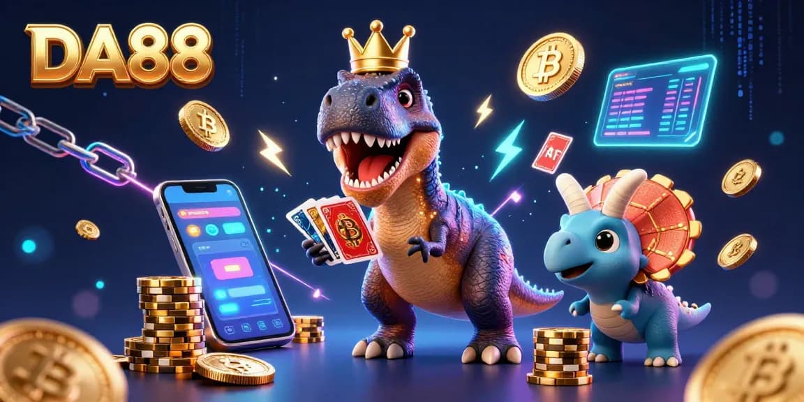 Engage with DA88's immersive casino scene featuring cartoon dinosaurs and crypto elements.