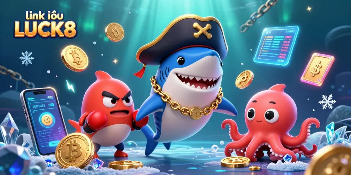 Engage with link vào LUCK8 featuring a pirate shark, pufferfish, and octopus collecting crypto coins.