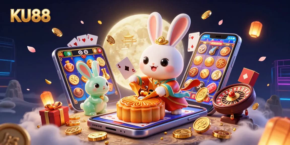 KU88 moon rabbit illustration showcasing poker chips and slot gaming elements