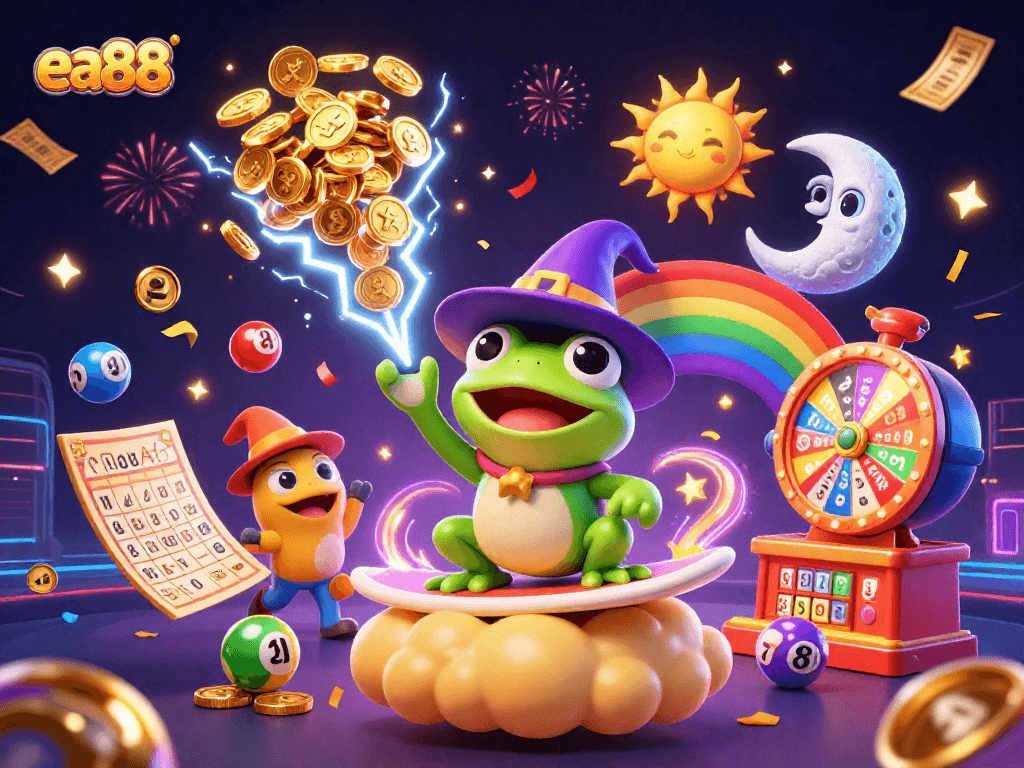 Join the excitement at ea88 with colorful lottery elements and vibrant characters depicting a thrilling gaming experience.