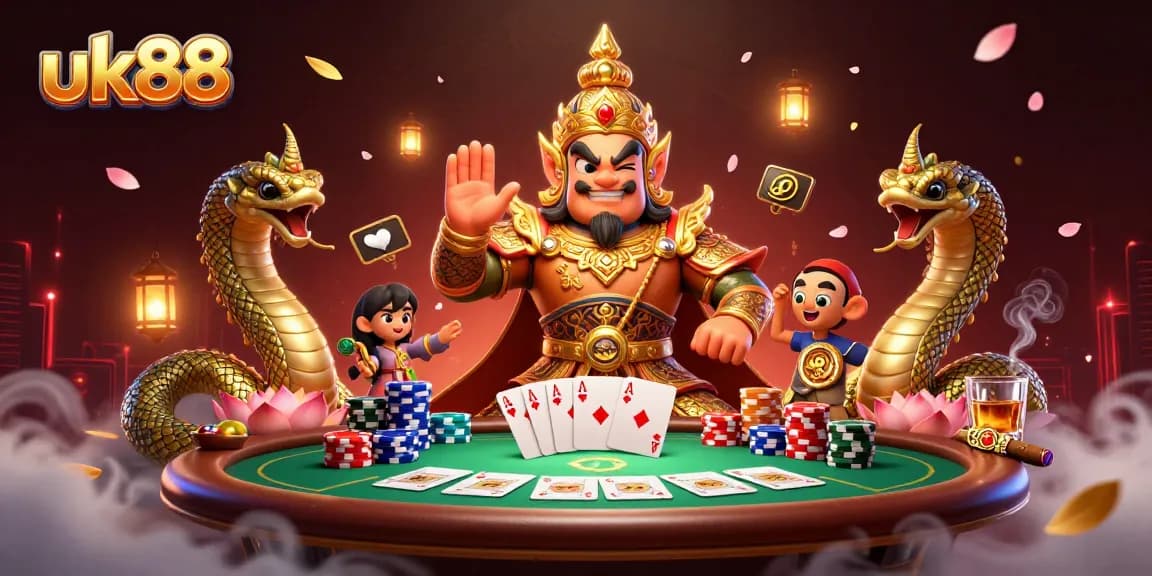 Bet big with uk88 at a vibrant gaming scene featuring a playful temple guardian.
