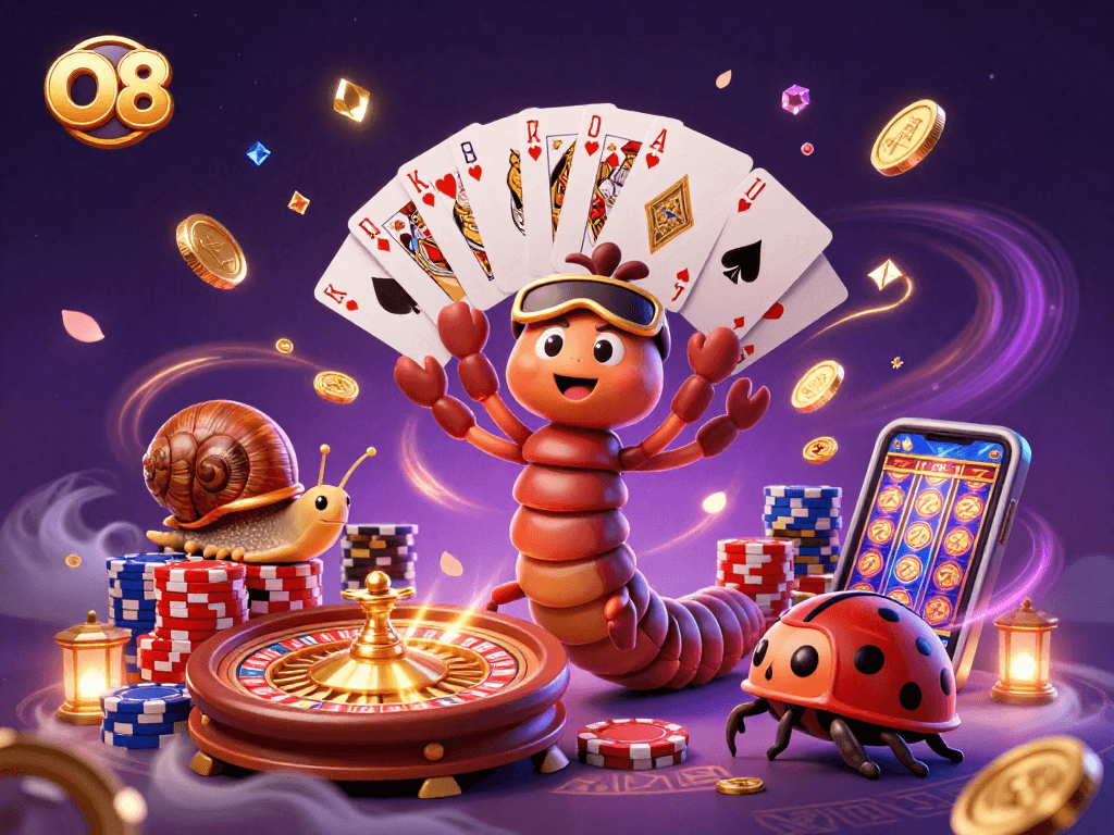 Experience O8's casino magic with a cartoon dealer and high-roller in vibrant 3D art.