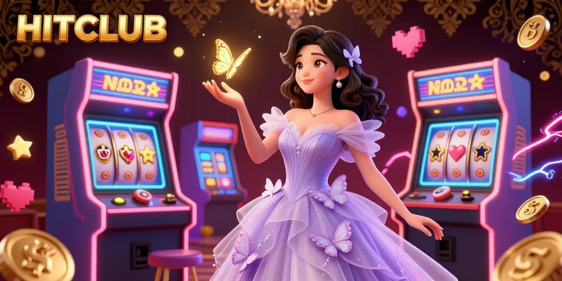 Engage with HITCLUB at this vibrant 3D casino illustration featuring slot reels and magical elements.