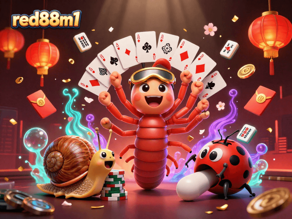 Experience the excitement of gaming at red88m1 with a vibrant 3D atmosphere showcasing diverse casino elements.