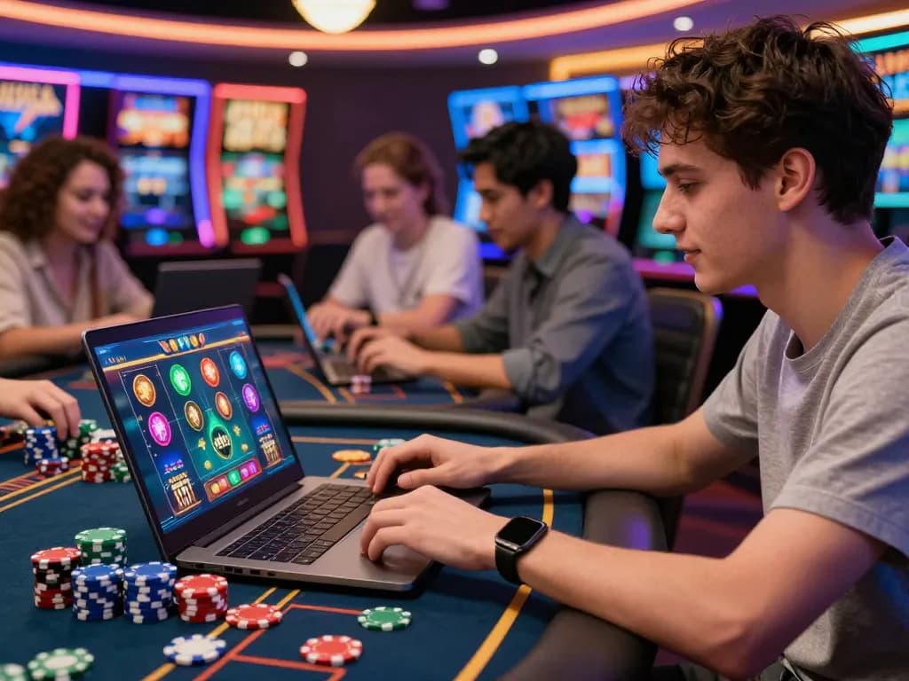 A young adult enjoying luck8 online casino games on their laptop, colorful graphics and virtual chips creating an engaging atmosphere.