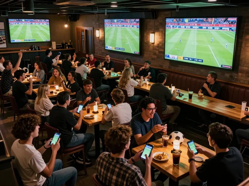 Socolive TV viewers watching live football matches and placing bets in a lively sports bar atmosphere.