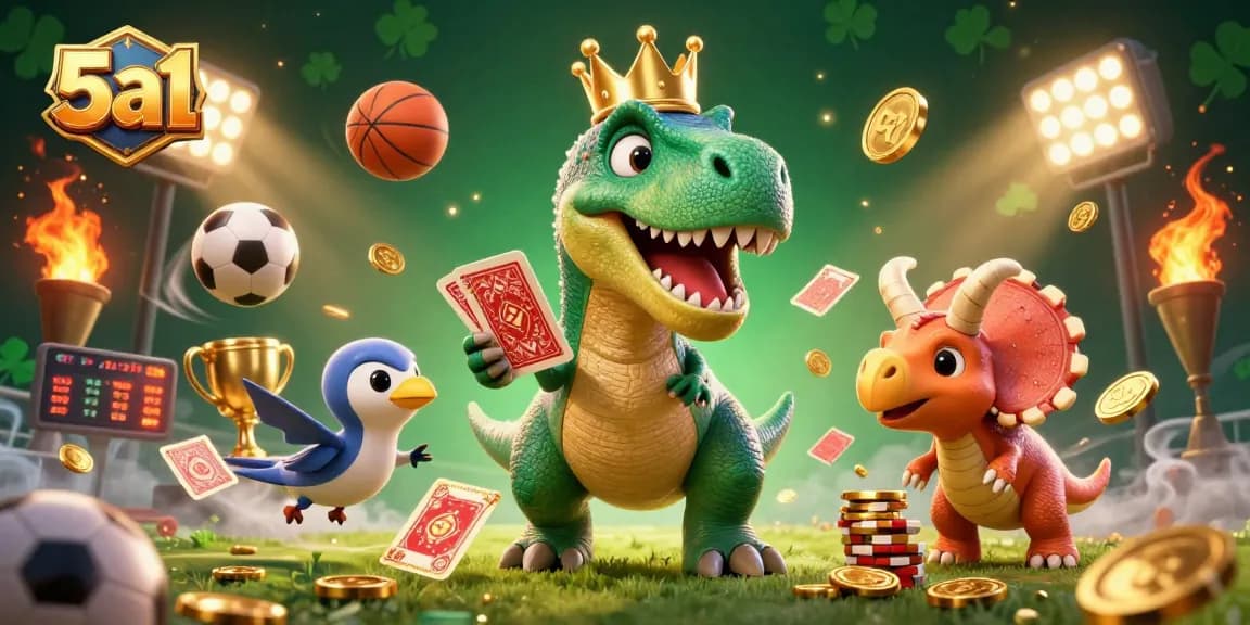 Unleash winning strategies at 5a1 with lively casino-themed 3D T-Rex card shuffling.