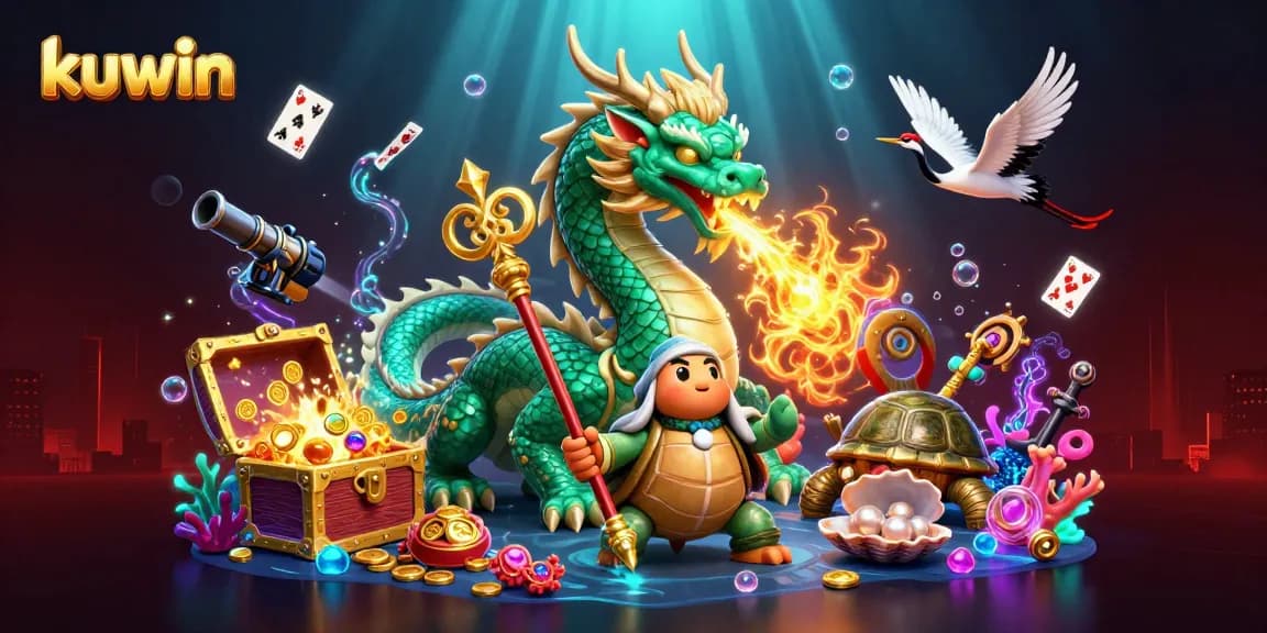 Kuwin engages players with dynamic casino games illustrated by a jade dragon and lucky cranes.