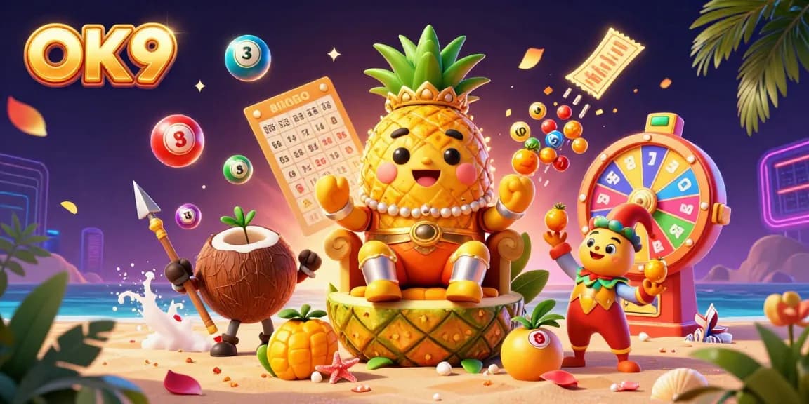 Engage with OK9's vibrant casino atmosphere filled with dynamic lottery elements and festive characters.