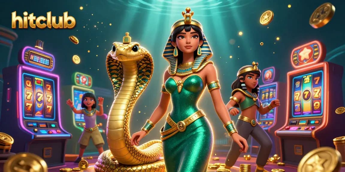 Engaging hitclub casino scene with vibrant slot machines, golden cobra, and captivating woman character.