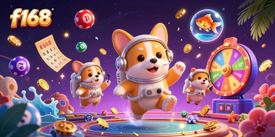f168 casino-themed illustration with a corgi and hamster amidst vibrant lottery elements