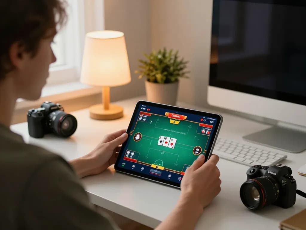 Engaging with BL555 online poker interface on a tablet at a stylish gaming setup.
