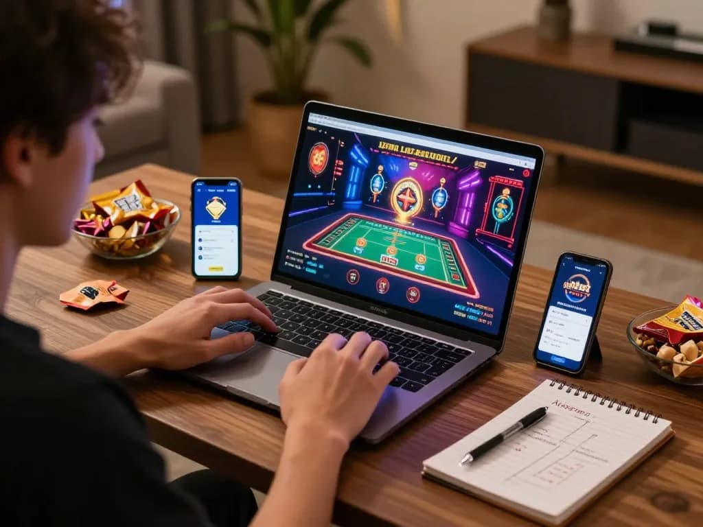 Player engaging with alo8net casino app on laptop at a cozy home gaming setup with snacks.