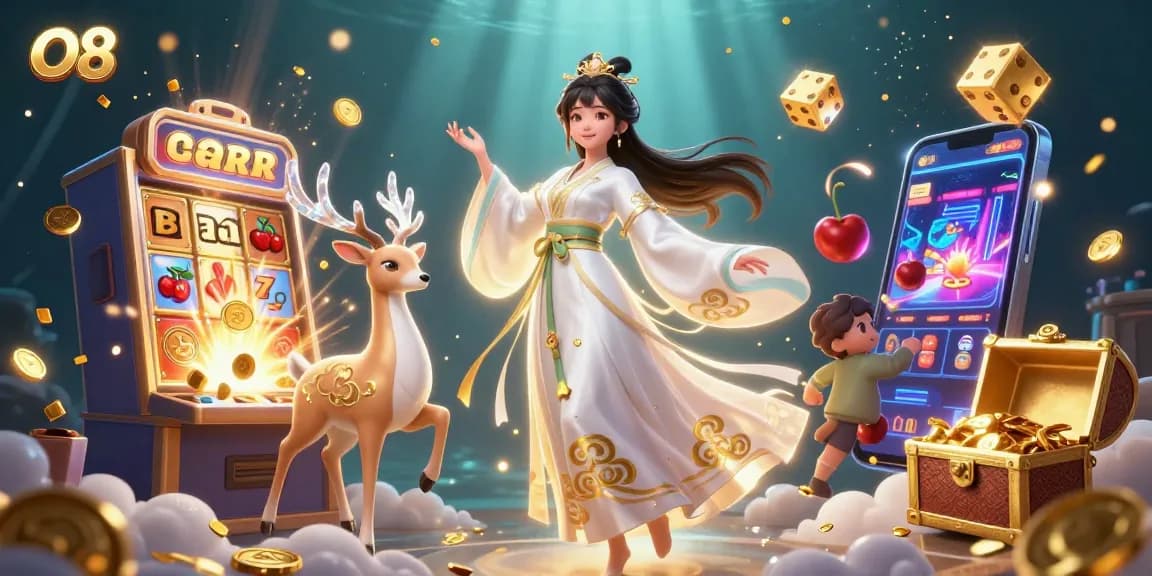 Experience the excitement of O8 with dynamic slot machines and golden winnings in a vibrant casino scene.